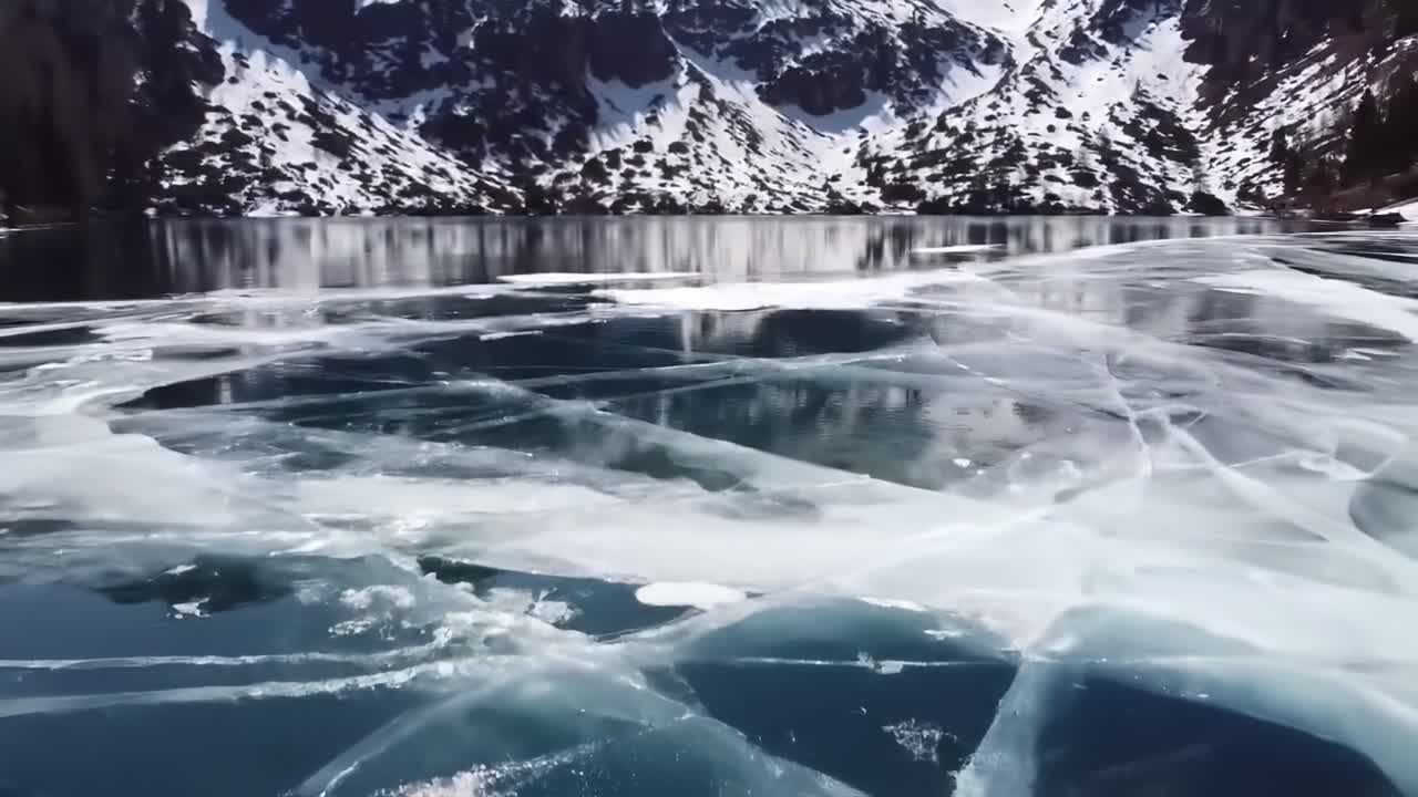 A Captivating Winter Landscape Showcasing the Serenity of a Frozen Lake Surrounded by Majestic Snow-Capped Mountains Under a Clear Blue Sky
