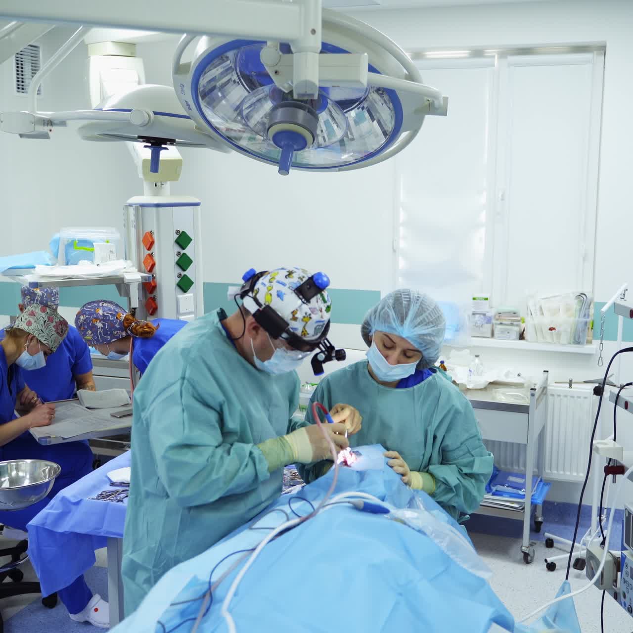 Caucasian doctor performs otolaryngology surgery assisted by female nurse. Medical staff sitting at backdrop. High angle view