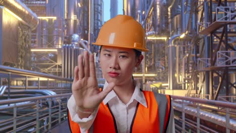 close up of asian female engineer with safety helmet disapproving with no hand sign while standing at a vast oil refinery