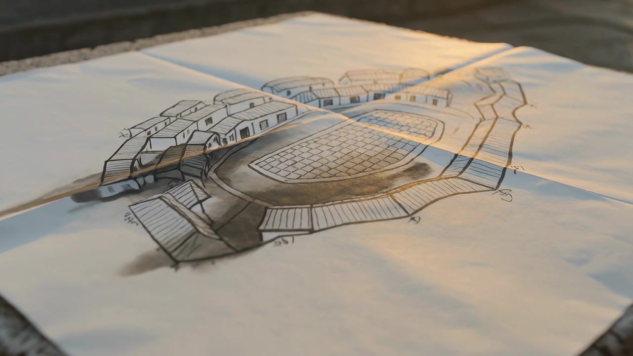Panning camera across folded white sheet of paper on cinderblock, sunlight revealing inked plaza