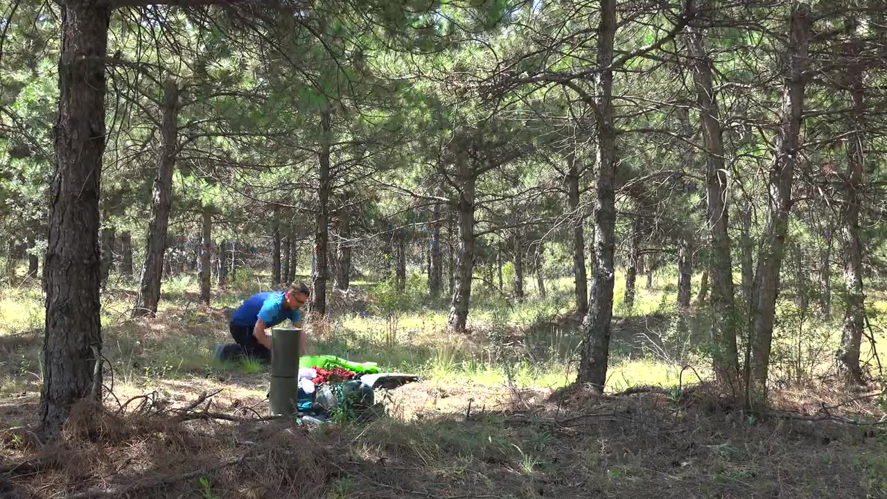 Hiker Packing Up Tent and Leaving Campsite in Pine Forest