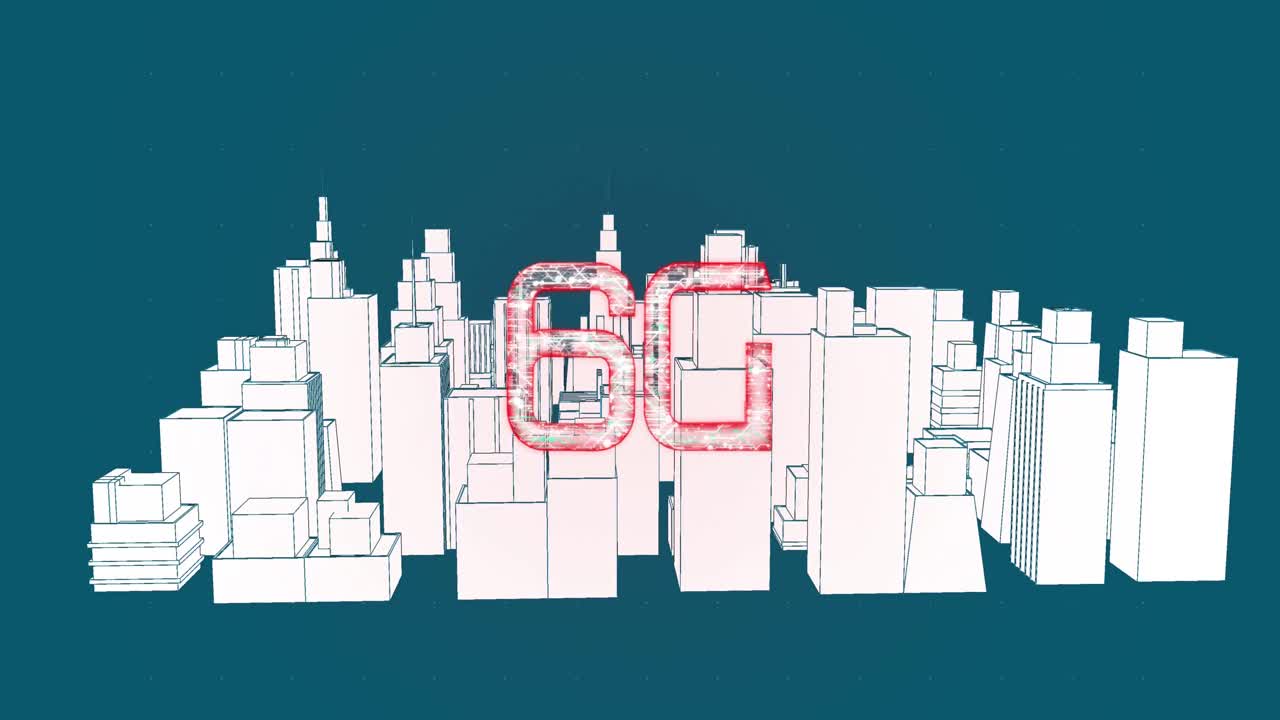 파란색 배경에 회전하는 3d 도시 풍경 모델 위의 6g 텍스트의 애니메이션