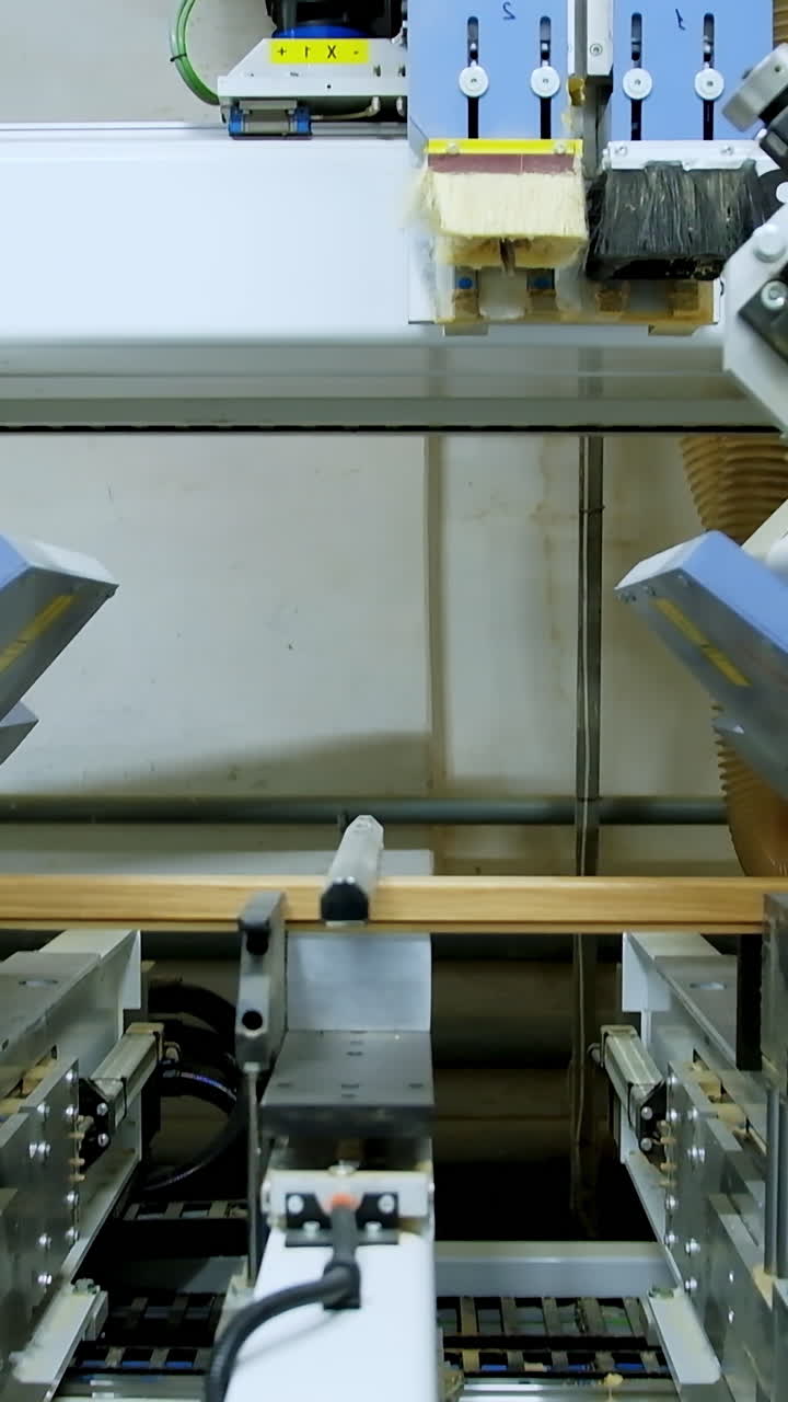 Manufacturing plant with computerized automation. Computerized automation manufacturing furniture in factory. Vertical video