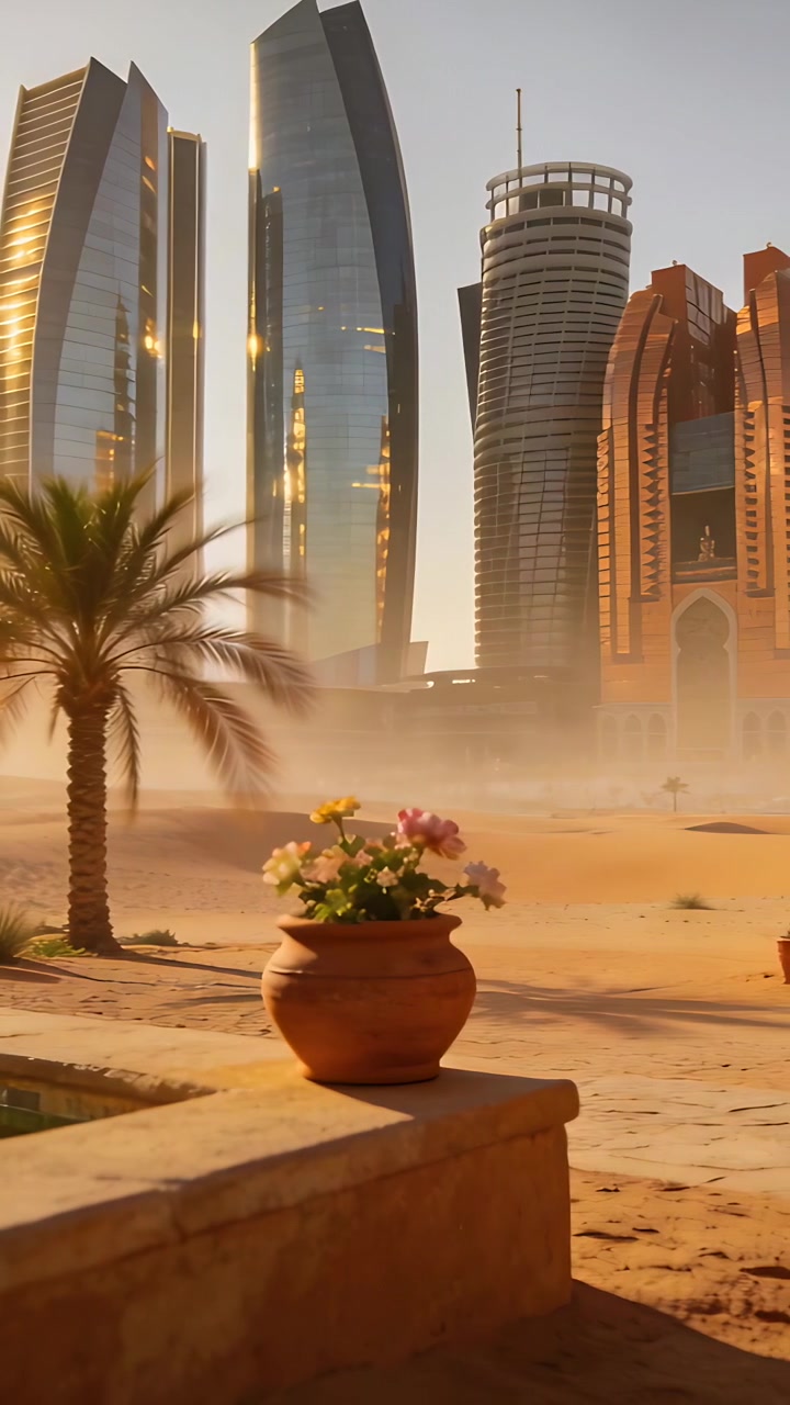 Video verticale: Inquadratura panoramica che mostra un vaso di terracotta su un davanzale illuminato dal sole, rivelando dune e torri.