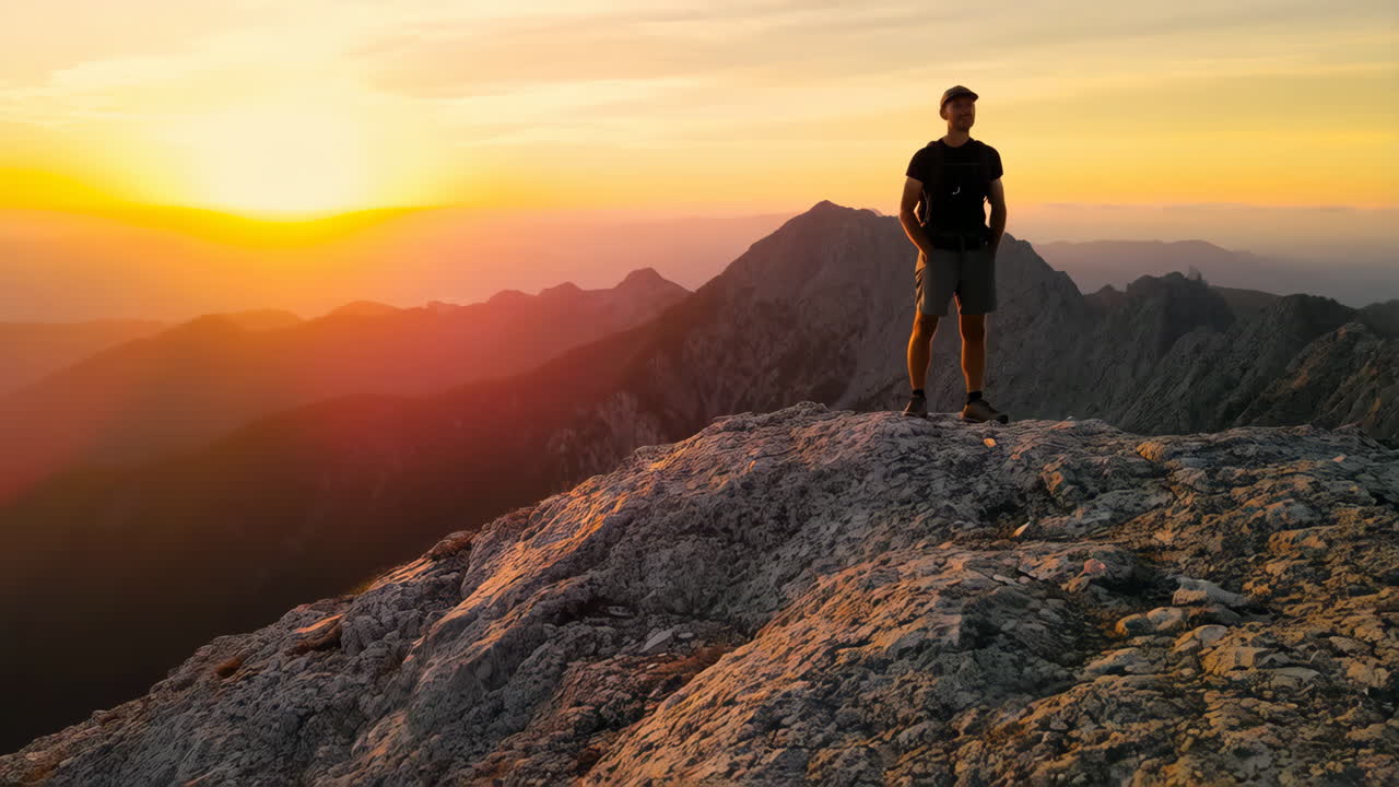 excursionista en el pico de la montaña al atardecer