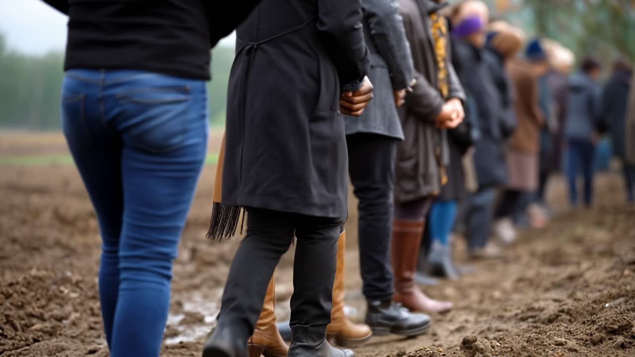 Des gens se tiennent dans un champ boueux, alignés solennellement. Ils portent des manteaux, des jeans, des bottes, certains des foulards. La boue tache les bottes, la terre est sous leurs pieds. Pas de sourires, pas de rires – un rassemblement calme et respectueux.