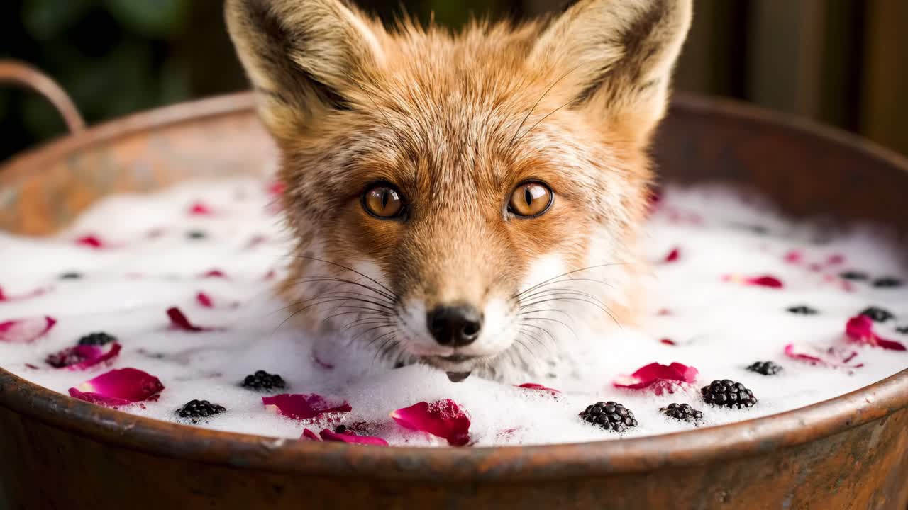 Fox in a Bathtub with Foam, Rose Petals, and Berries