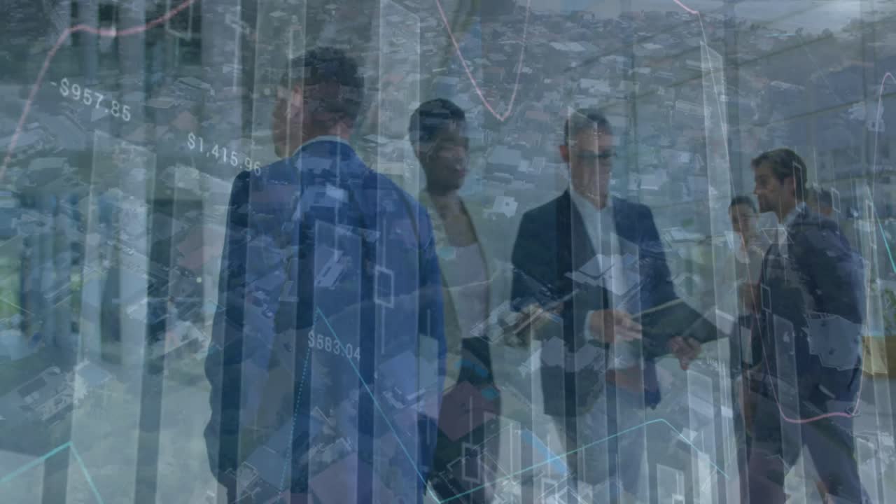 animación de gráficos financieros sobre la vista de atrás de los hombres de negocios caminando en la oficina