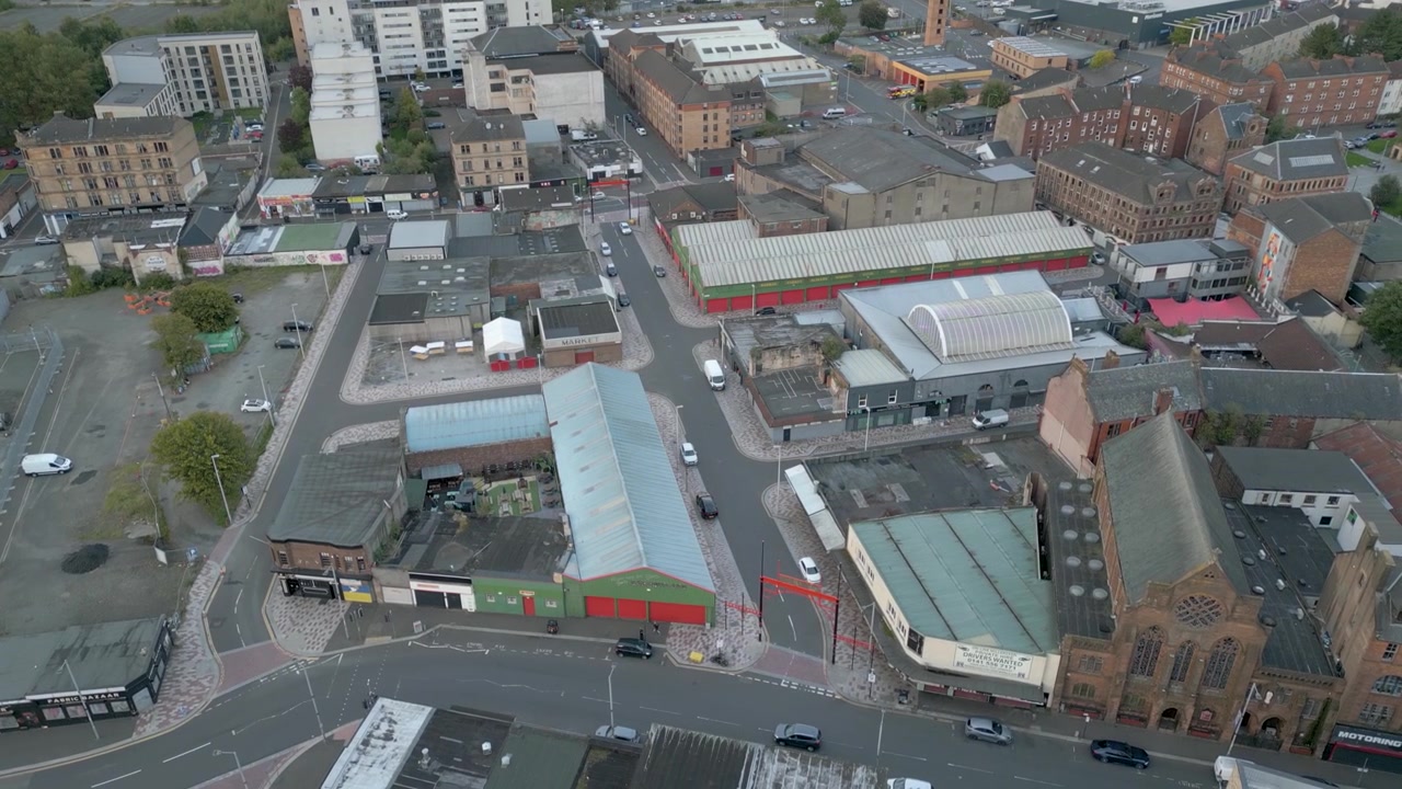 Glasgow's Barras Market, Aerial View of Closed Halls and Empty Streets