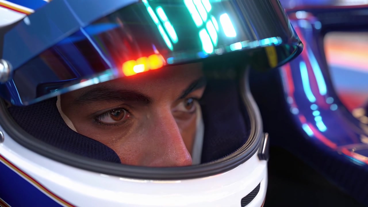 Pembalap Mobil yang Fokus dengan Helm Ber-visor Reflektif