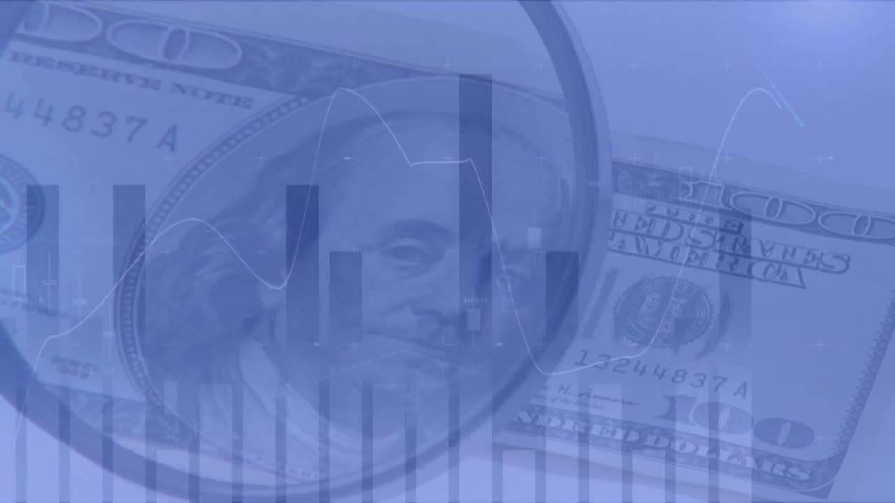 Animation of financial data processing over american dollar bills through magnifying glass