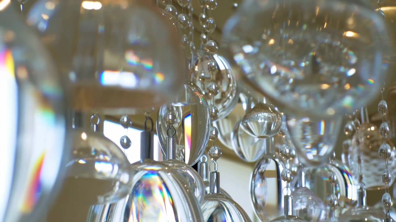 Detaillierte Nahansicht von hängenden Glasperlen, tropfenförmigen Anhängern und Kristalltropfen auf Metallhalterungen, die sanfte Reflexionen, Regenbogen-Glanzlichter und raffiniertes inneres Funkeln erzeugen