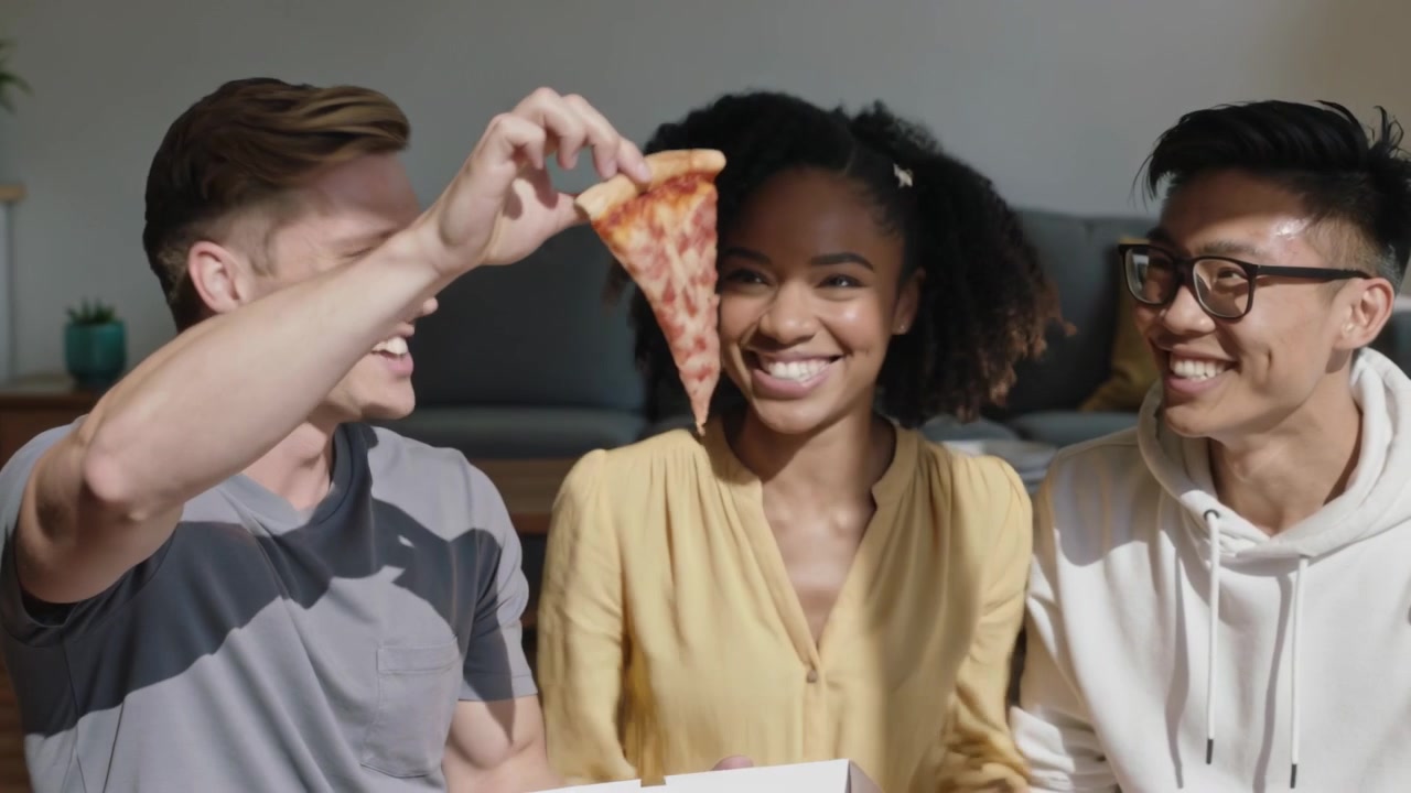 L'uomo a sinistra solleva una fetta di pizza, stuzzicando la donna che indossa una camicetta gialla a casa, passando fette da condividere.