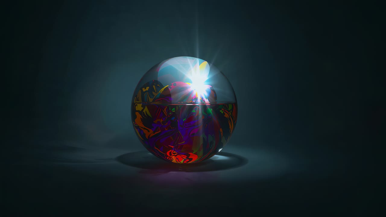 Shining glass sphere flaring from rising offframe light in dark studio, revealing vivid colors