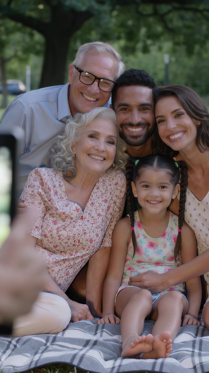 Vídeo vertical: Mão levantando o telefone, família encostada em toalha de piquenique no parque posando para um retrato.