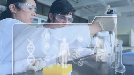 scientists in a laboratory with a genetic base sequence and a digital interface