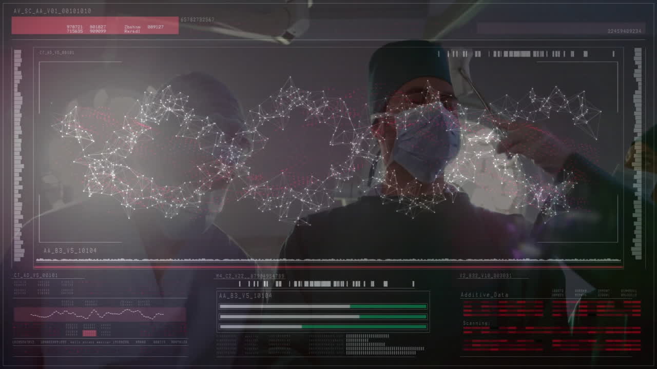 Three surgeons examining patient in operating room, with AR molecular network and HUD panels