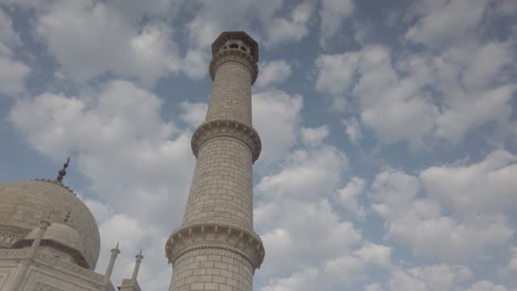 graceful tracking shot of minaret of taj mahal at agra, agravanam, yamuna river, uttar pradesh, india.