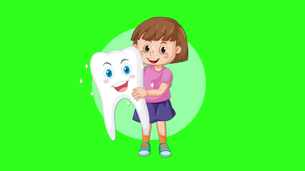 Animated sequence of a cheerful young girl warmly hugging a smiling cartoon tooth, set against a bright green background with simple, clean graphics