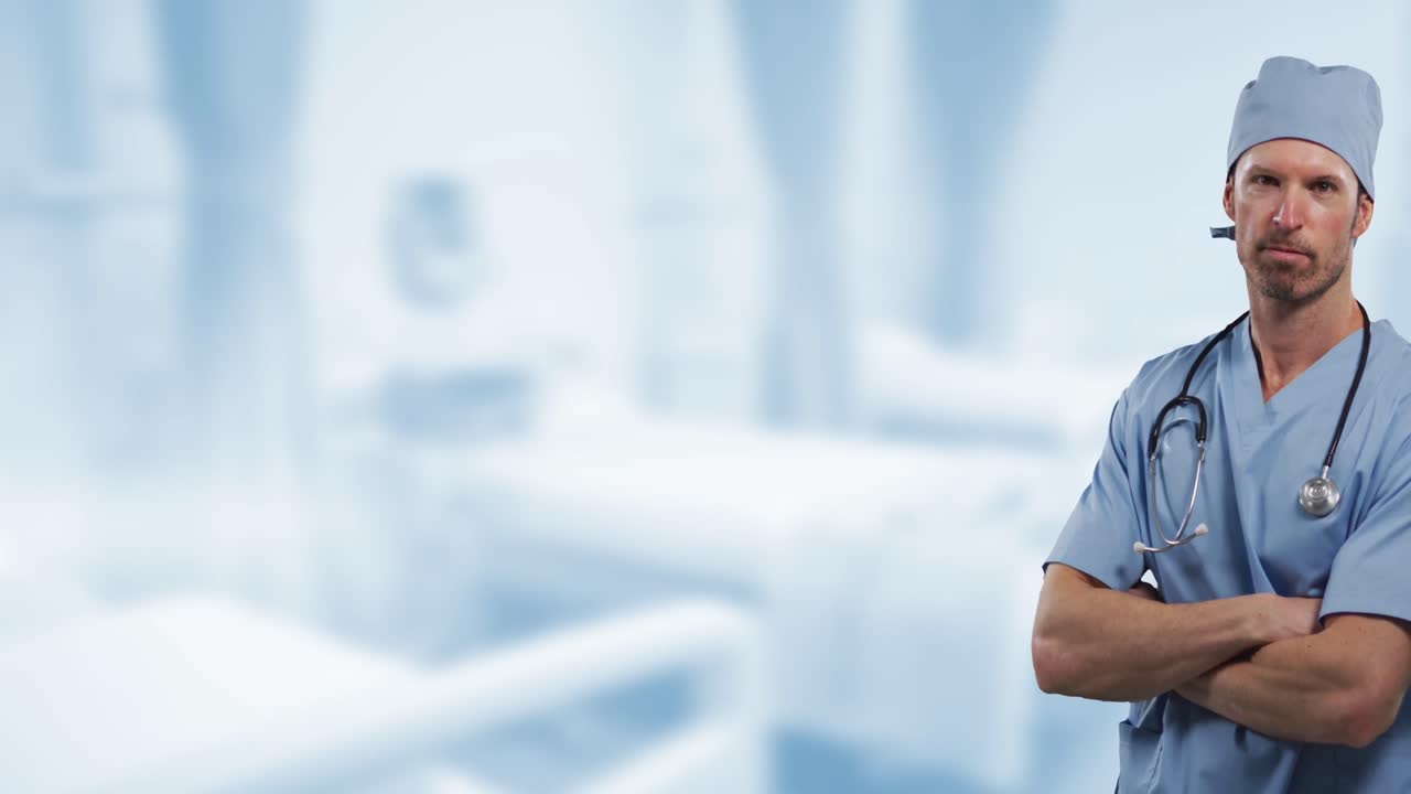 Animation of smiling caucasian male doctor over hospital