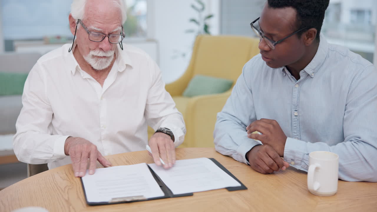 Senior man, insurance and contract with lawyer