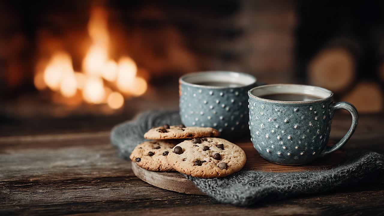Momenti Accoglienti Accanto al Fuoco: Concediti Caldi Biscotti con Gocce di Cioccolato e Ricche Bevande Calde per una Perfetta Esperienza Serale Invernale