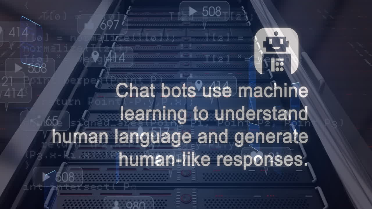 Animation of ai data processing, chat and icon over computer server