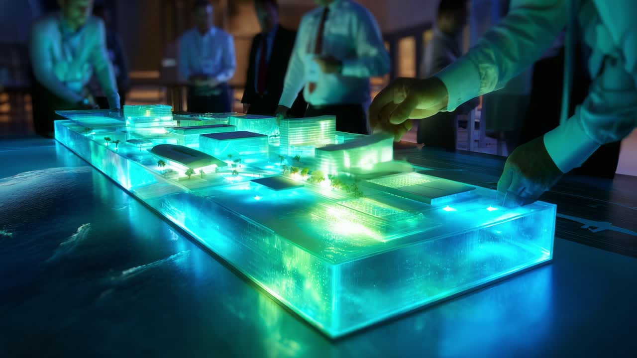Engaging Demonstration of a Conceptual Urban Model with Innovative Lighting Techniques, Showcasing Architecture and Planning in a Collaborative Design Environment