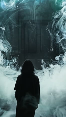 a woman is standing in front of a large smoke filled circle. the smoke is thick and dark, creating a mysterious and eerie atmosphere. the woman is looking into the circle