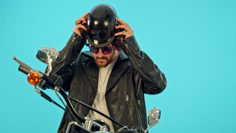prepare, cool and motorcycle with man in studio