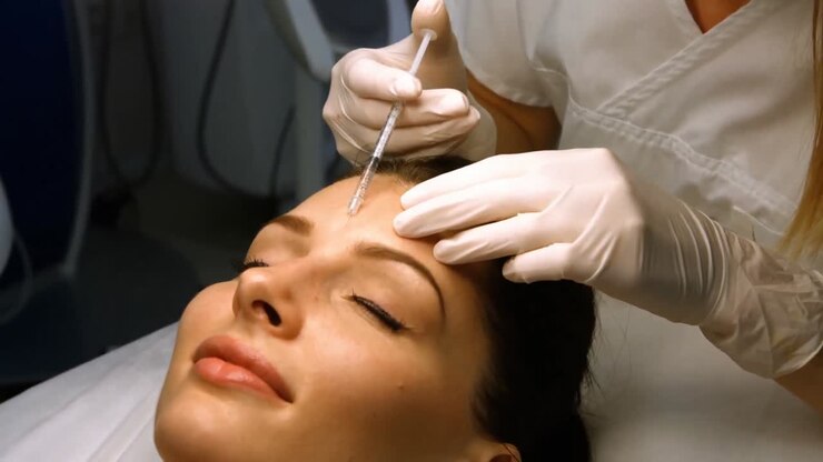 Doctor inserting facial injection on female patient forehead