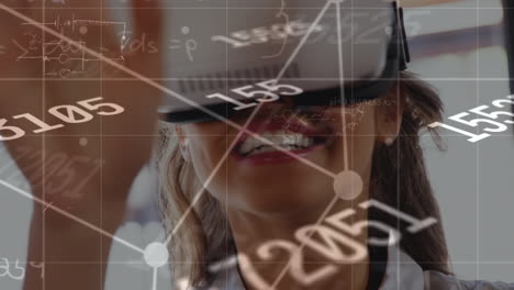 Animation of network of connections with numbers over caucasian women using vr headset