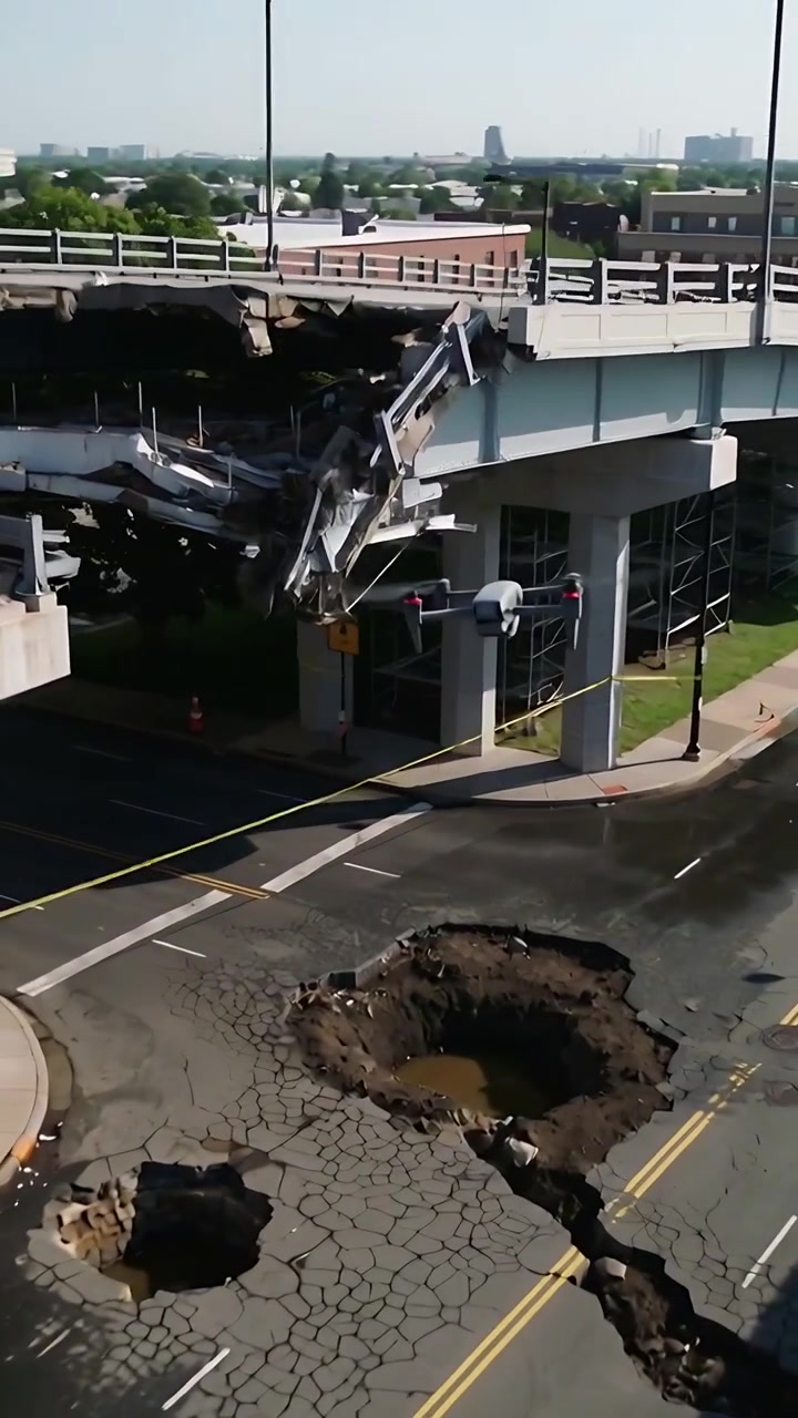Video verticale: Drone che riprende una rampa crollata su strada urbana con voragini, squadra ad alta visibilità che chiude la strada