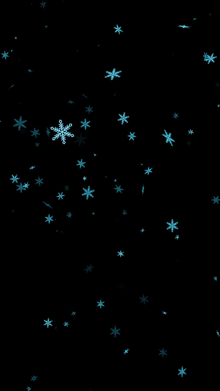 Stylized blue snowflake stars tumbling and drifting downward on black background