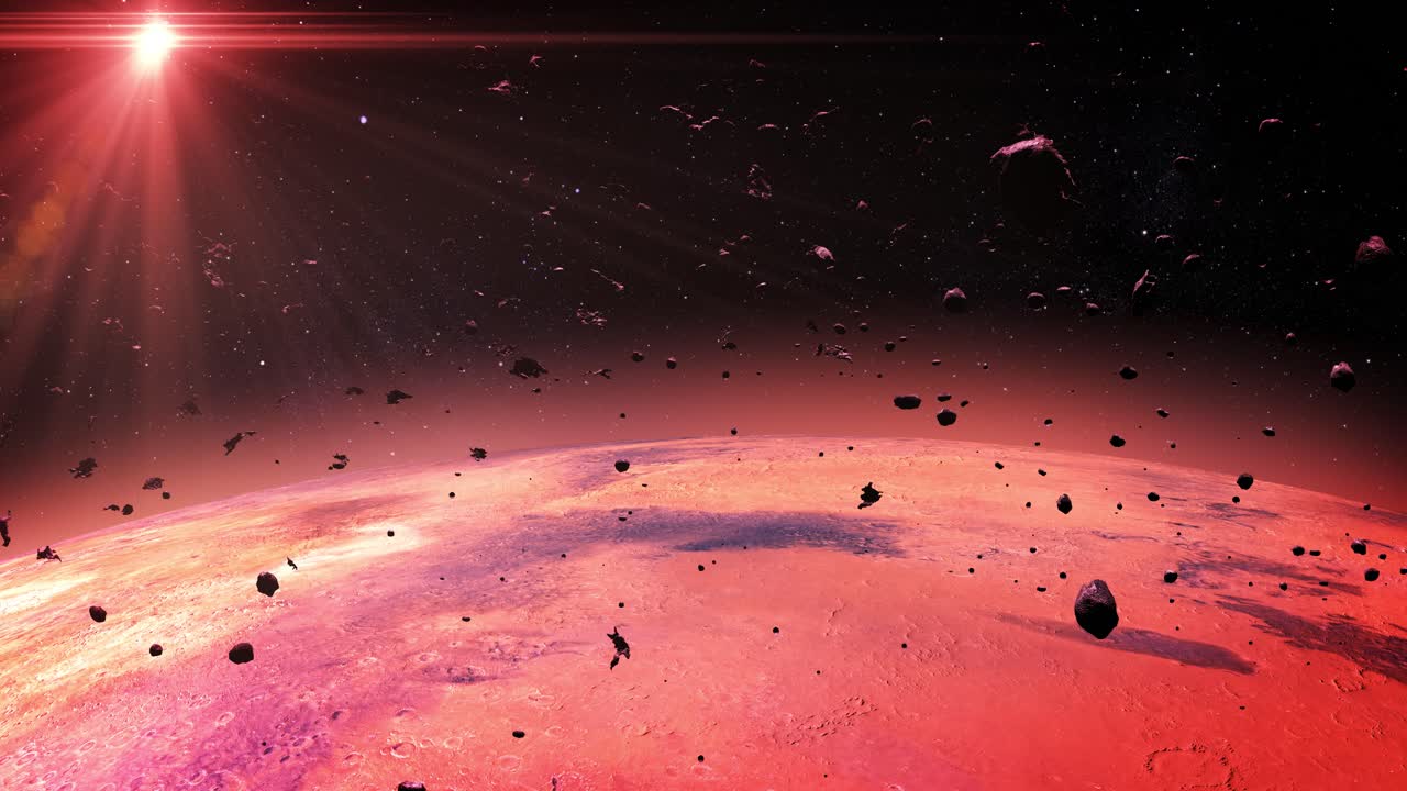 superficie de marte con asteroides y sol