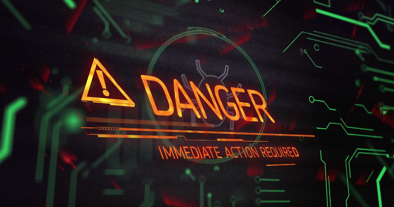 UI glitching starting bug scan triangle blinking DANGER scrolling pulsing circuit requiring action