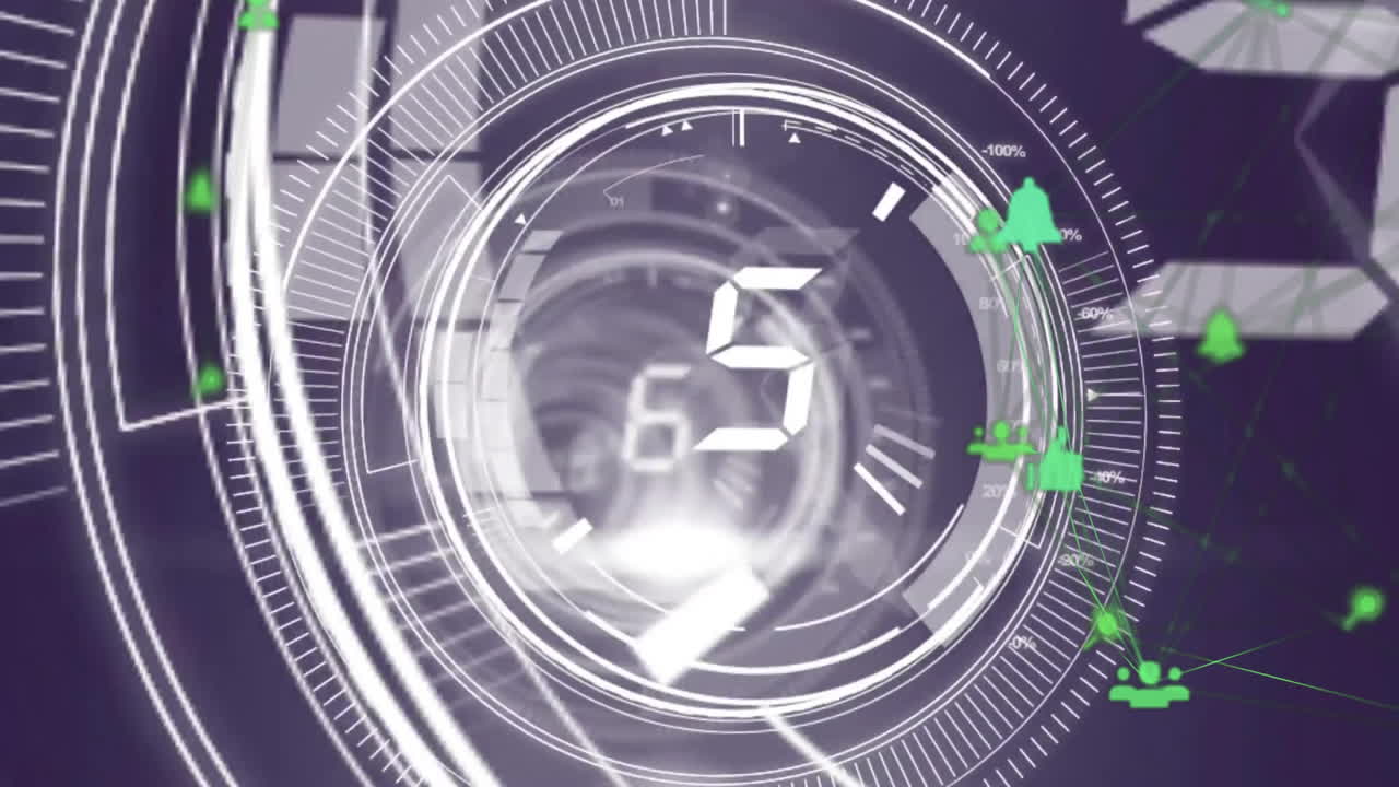 Rotating circles and green icons in digital countdown animation over dark background