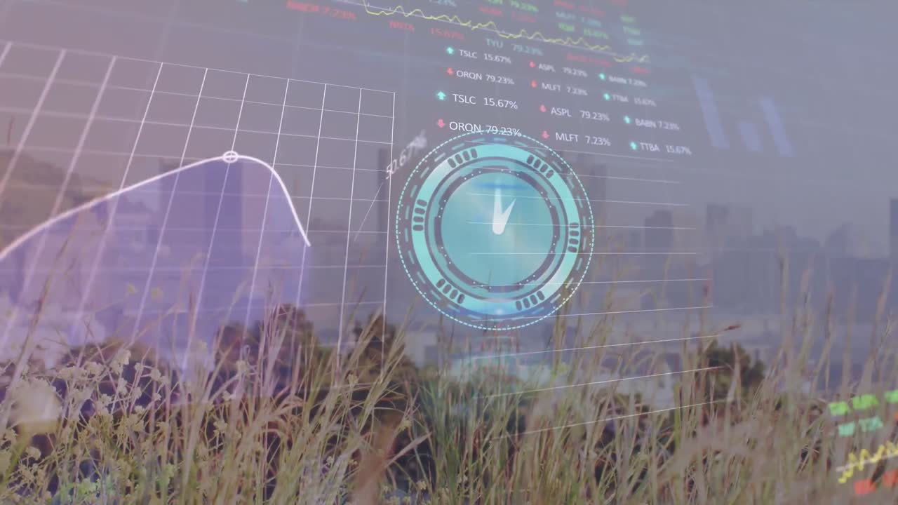 animación del reloj y el procesamiento de datos financieros sobre el paisaje urbano
