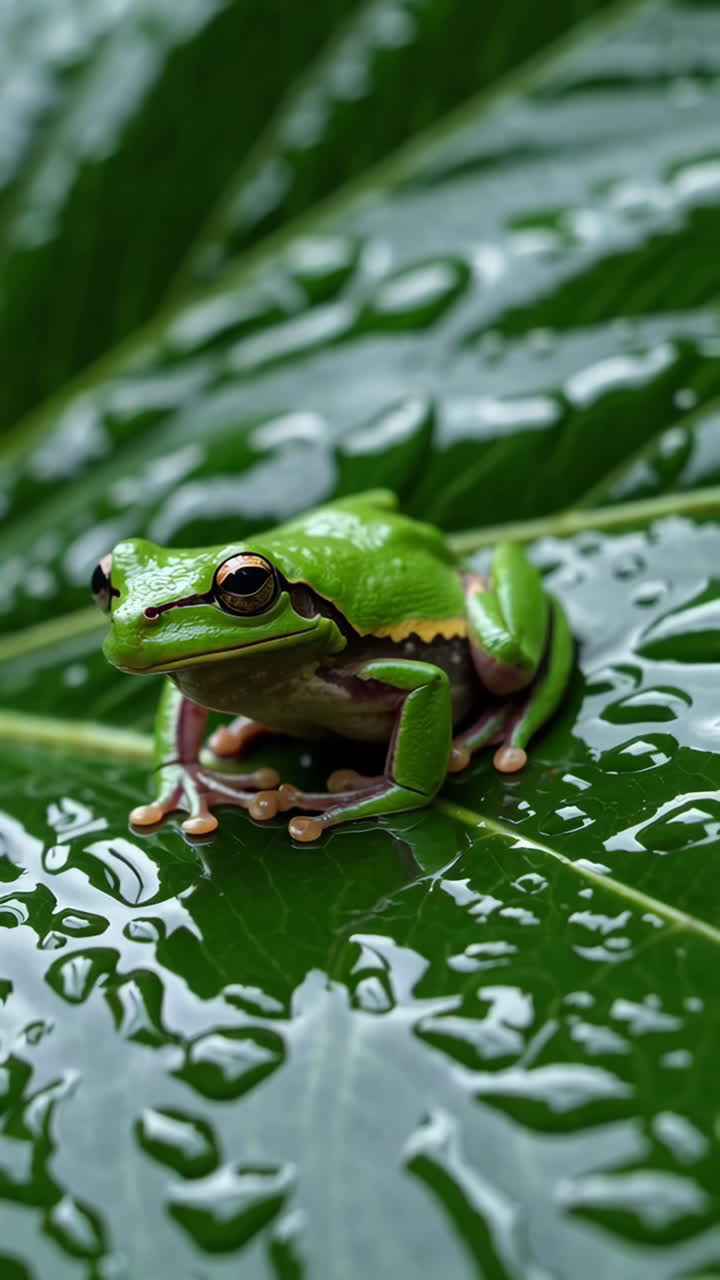 Small Green Frog on a Wet Leaf