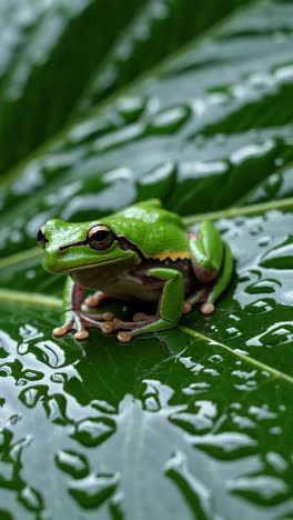 small green frog on a wet leaf