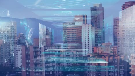 animación de las estadísticas y el procesamiento de datos financieros en pantallas sobre el paisaje urbano