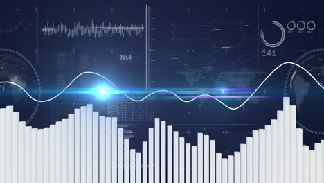 animation of financial data processing and globe on blue background