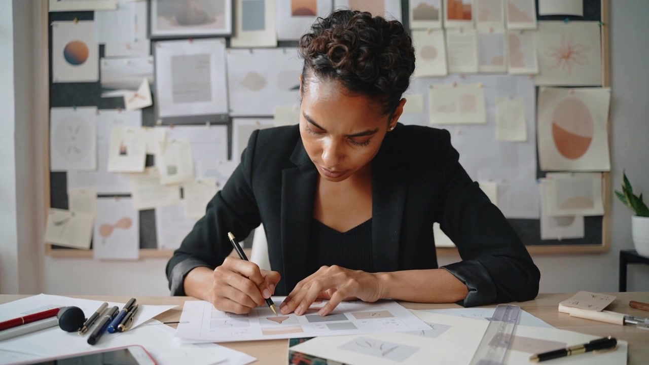 Drawing woman in black blazer responding to pinboard, leaning over desk, marking paper with pencil