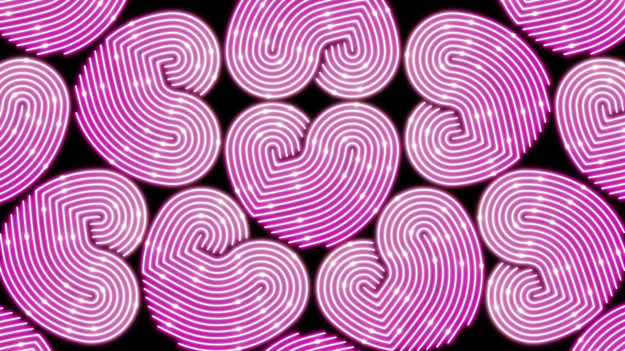 iluminación de línea de corazón patrón móvil color rosa, red de tecnología transferencia de datos digitales, diseño conceptual del día de san valentín, brillando sobre fondo negro animación de bucle sin costuras 4k con espacio de copia