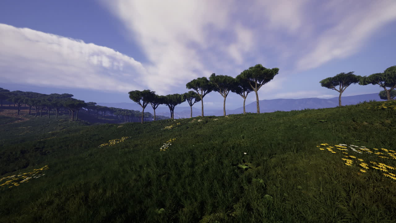 Lush hillside with swaying trees under a bright blue sky
