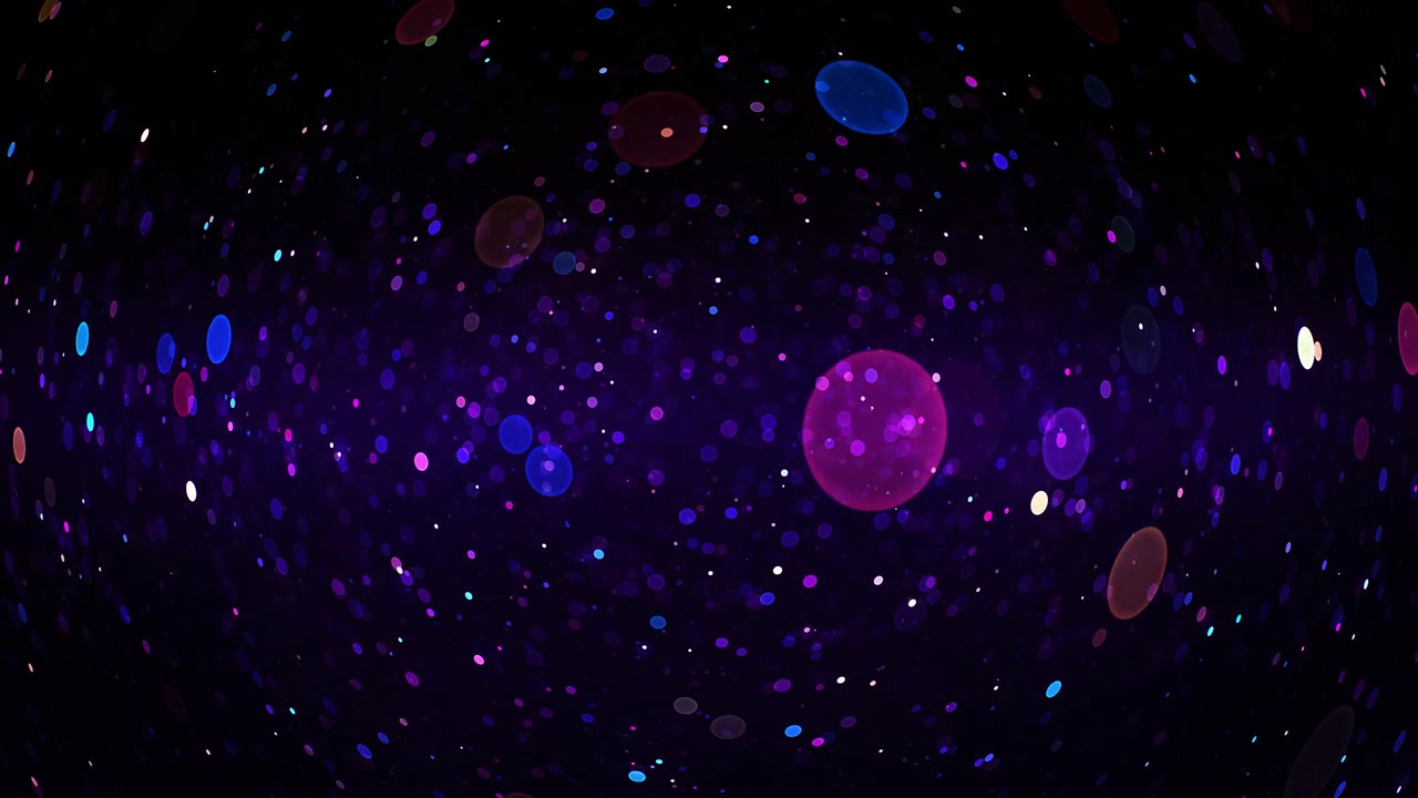 Cerchi bokeh astratti e vivaci e punti luminosi sparsi che ruotano, creando un'atmosfera magica e festosa su uno sfondo scuro e profondo.