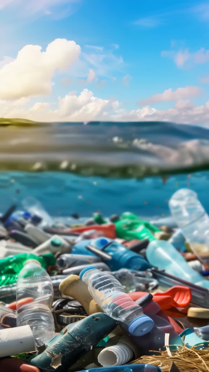 A bottle of water is floating in the ocean with other plastic bottles and trash