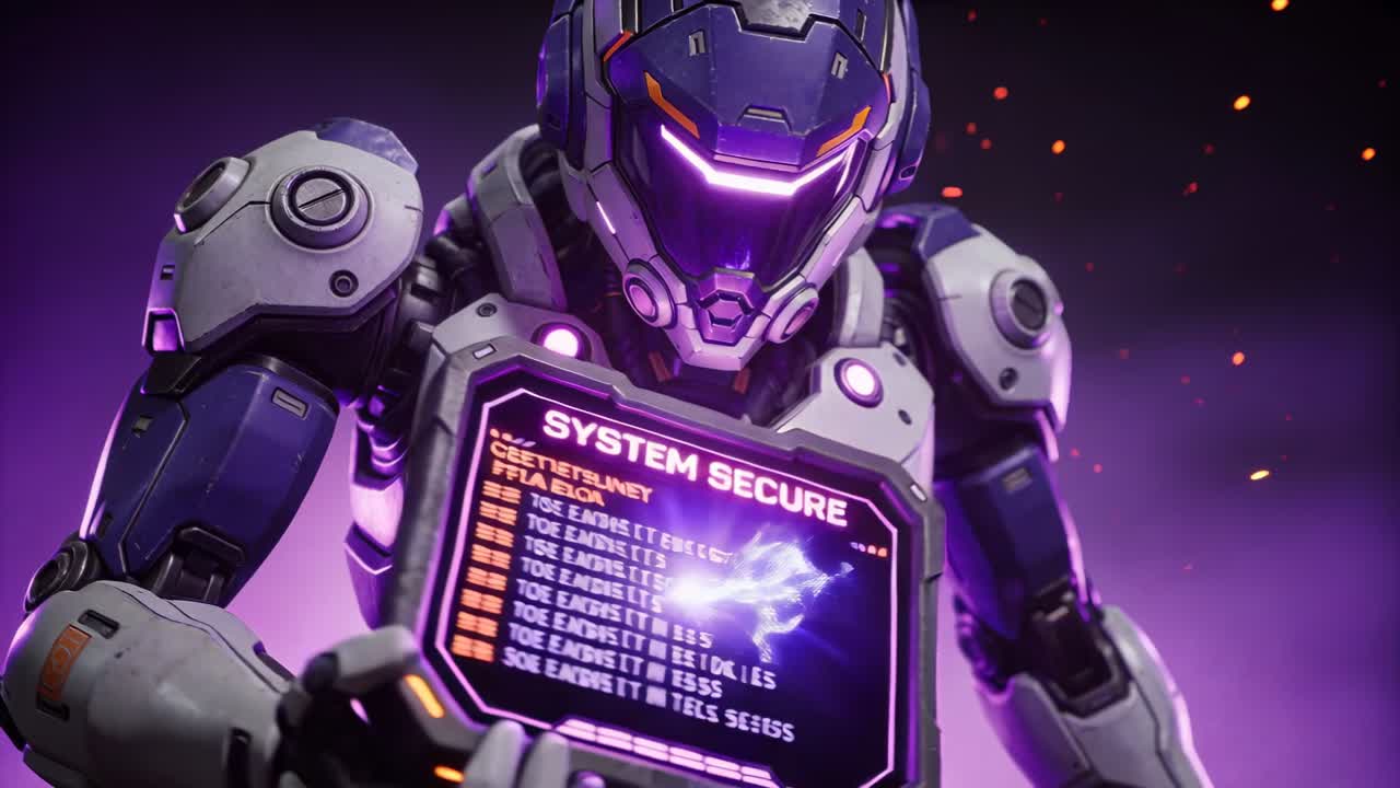 Reagerer på SYSTEM SECURE-prompt, eksodragt udvider brystdisplay i lilla scene, projicerer holo
