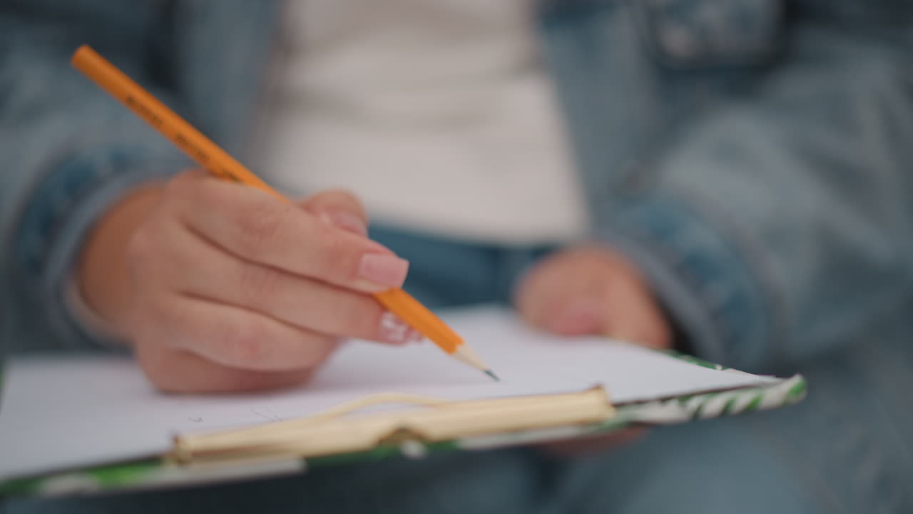Closeup hands writing on clipboard, denim jacket and pencil sketching notes on paper, cozy indoor vibe, soft natural light, shallow depth of field, focused planning and gentle movements, productive