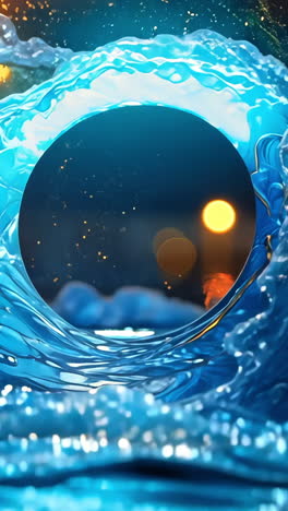 A blue wave with a circle in the middle. The circle is surrounded by water and the water is blue